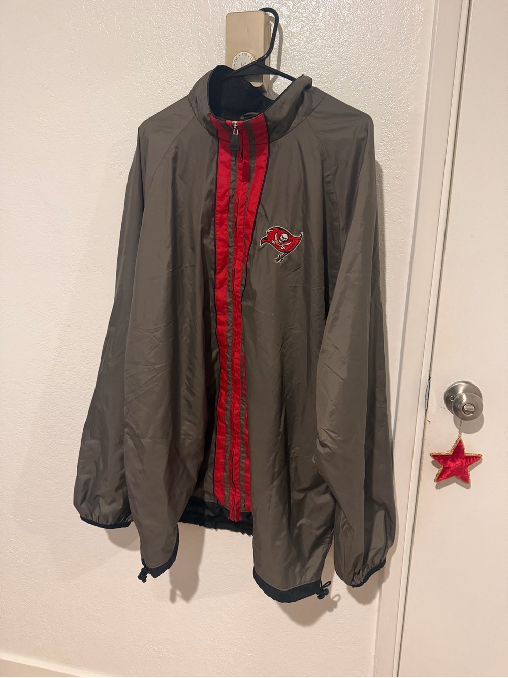 adidas Men's Gray Windbreaker with Red Center Stripe and Team Patch